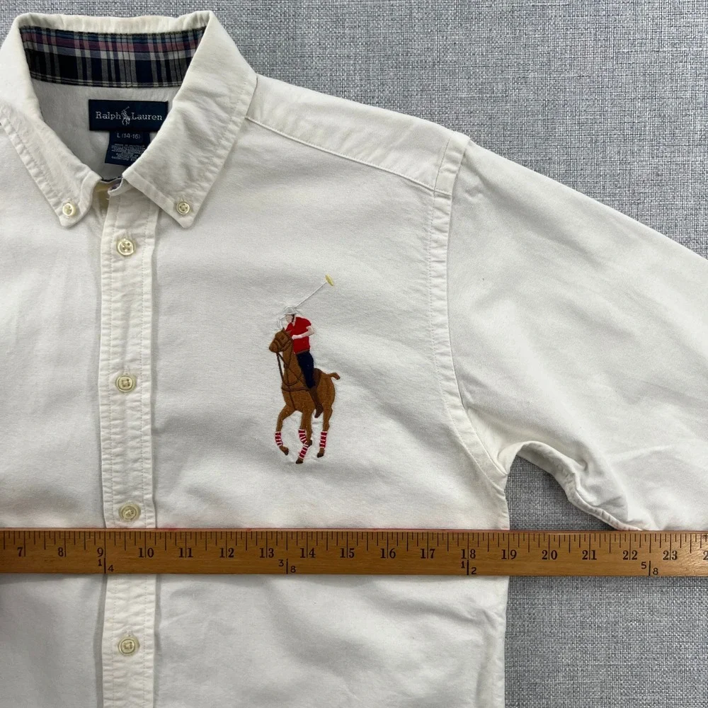 Ralph Lauren Boys White Oxford Big Flesh Pony Button Down Shirt Size L 14-16